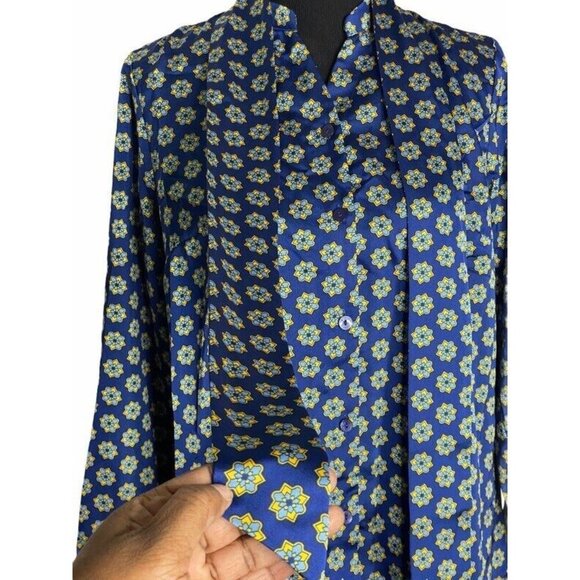 Laurie Felt Womens Button Front Shirt Blue Green Floral Neck Tie Blouse S New - Picture 5 of 9